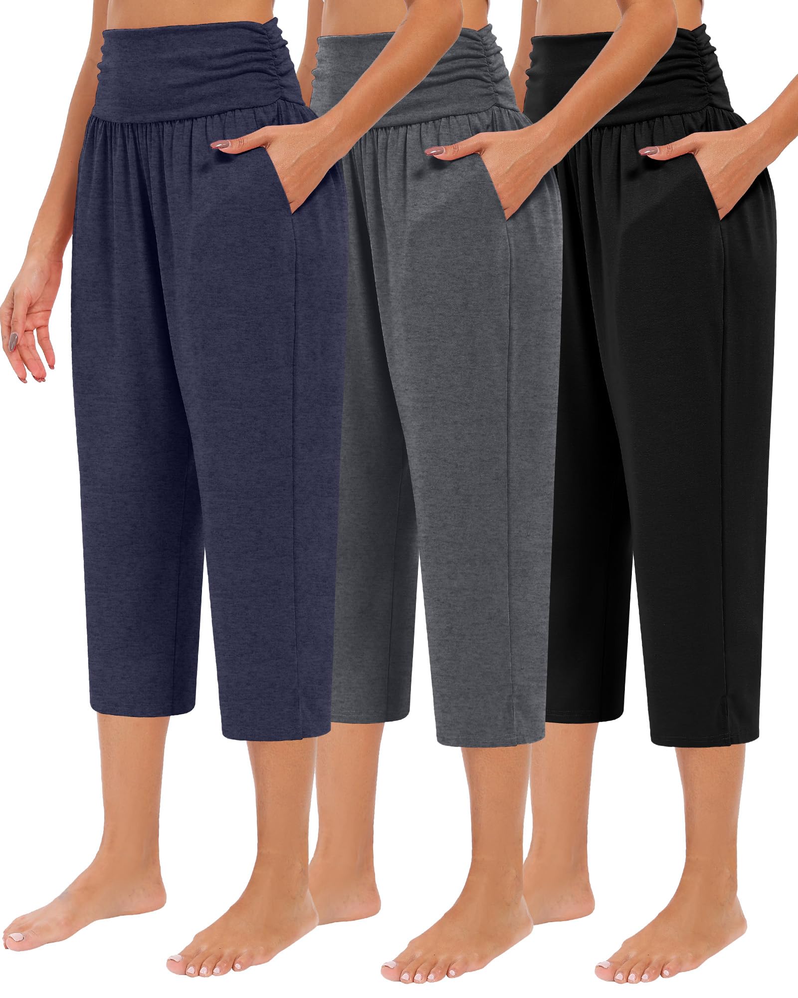 Neer 3 Pack Capri Pants for Women Casual Summer Lounge Yoga Pants Crop High Waist Loose Fit Sweatpants Pajamas with Pockets