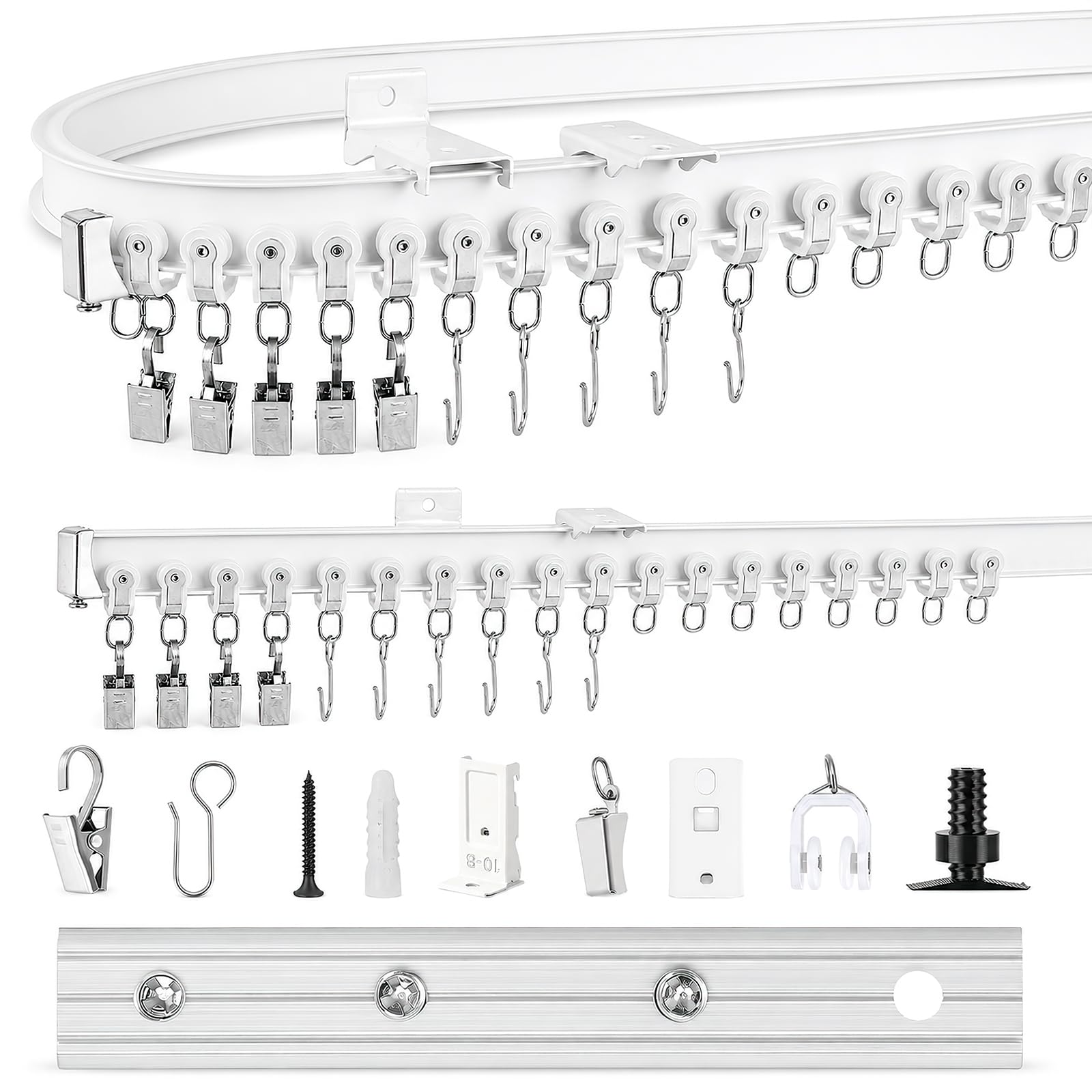 5 Metre Flexible Curtain Rail Track Heavy-Duty Aluminium Bendable Curtain Rail for Bay Window & Room Divider, Dual Wall & Ceiling Mount Brackets, 160+ Pcs Fittings (Hooks & Clips)