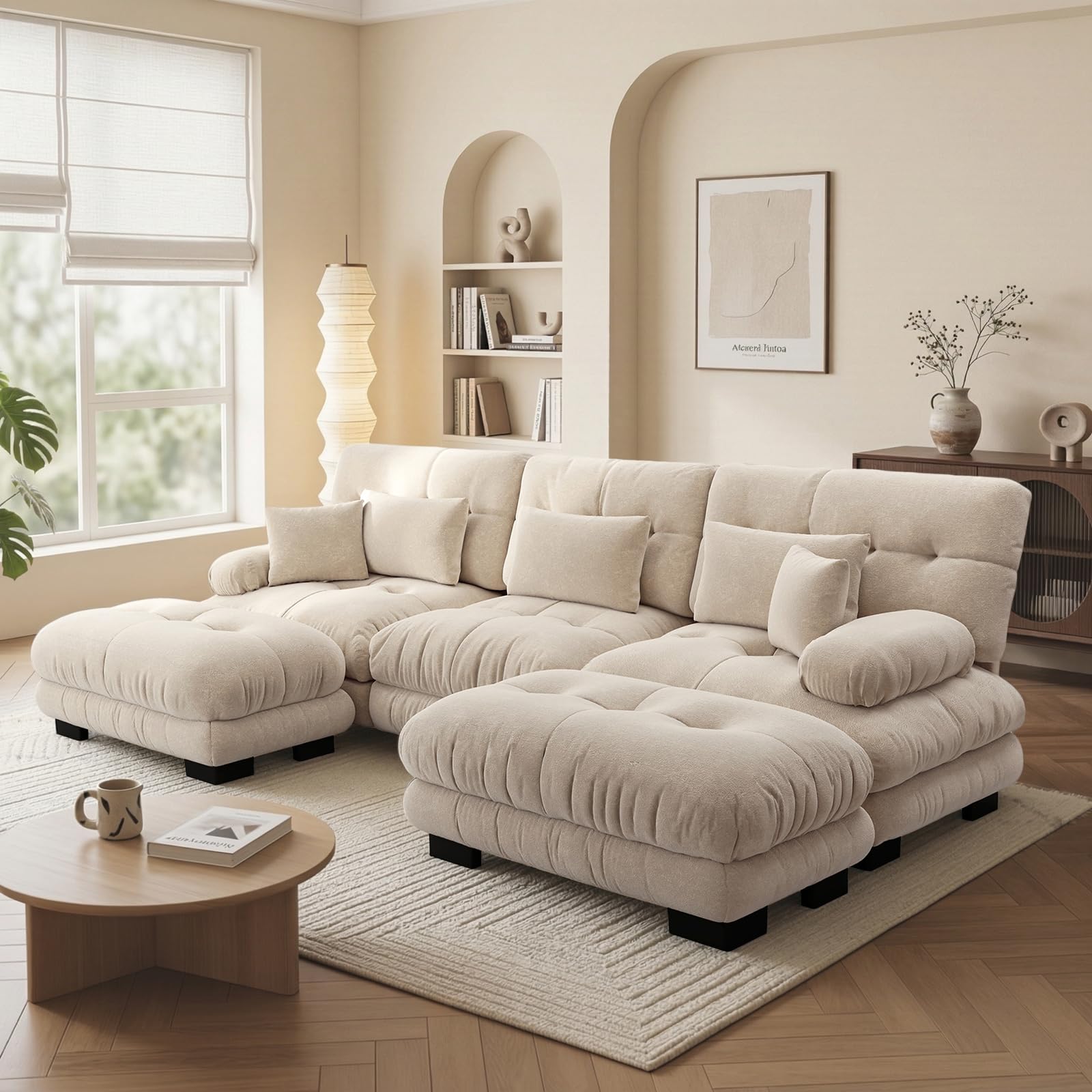 Sofá Modular 3 Plazas 313 cm con 2 Reposapiés, Modular en Forma de U, Tela Chenille, Estructura de Madera, Color Café Claro