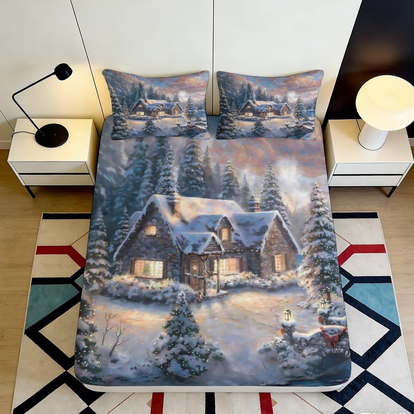 3D Printed Winter Cabin Fitted Sheet Microfiber Snowy Landscape Bed Cover for Bedroom Dormitory Guest Room Mattress Protection and Decoration 180x200x25cm