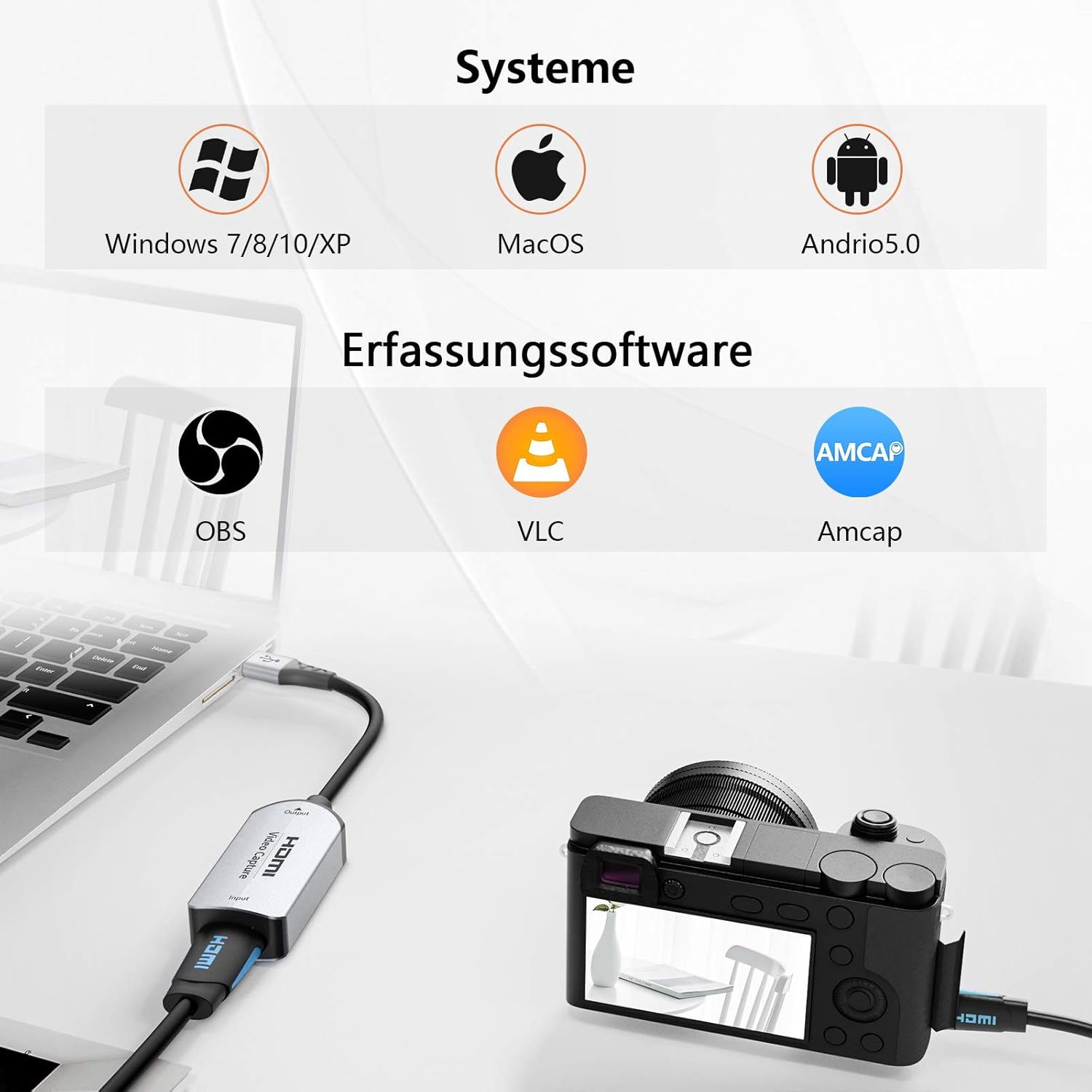 Diagram showing compatibility with Windows, macOS, Android, and capture software like OBS, VLC, and AMCap.