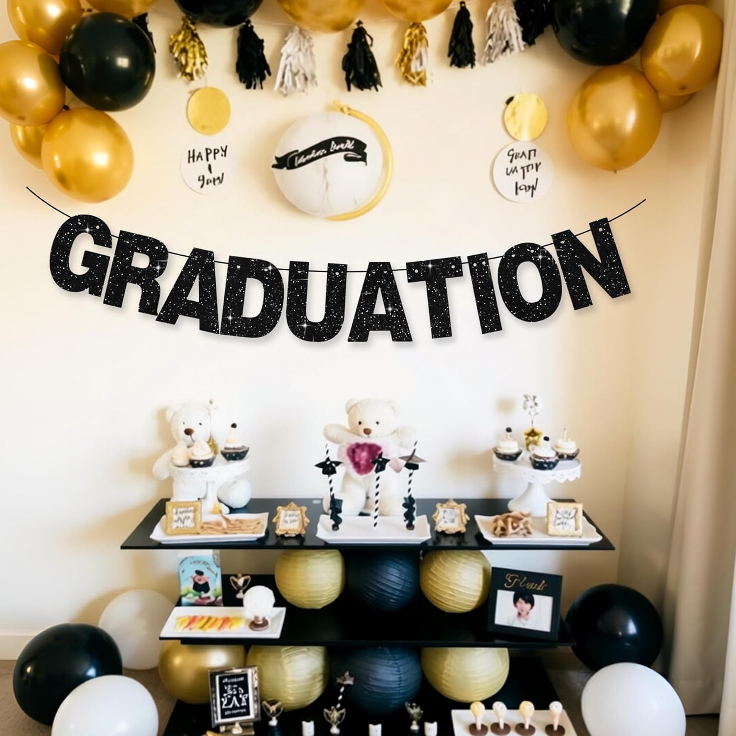BEISHIDA 116 PCS A-Z DIY Letter Banner Kit Make Your Own Banner Including 111 Letters and Numbers 3 Rope and 2 Threading Device,Customized for Birthday Graduation Wedding Decor Glitter Black