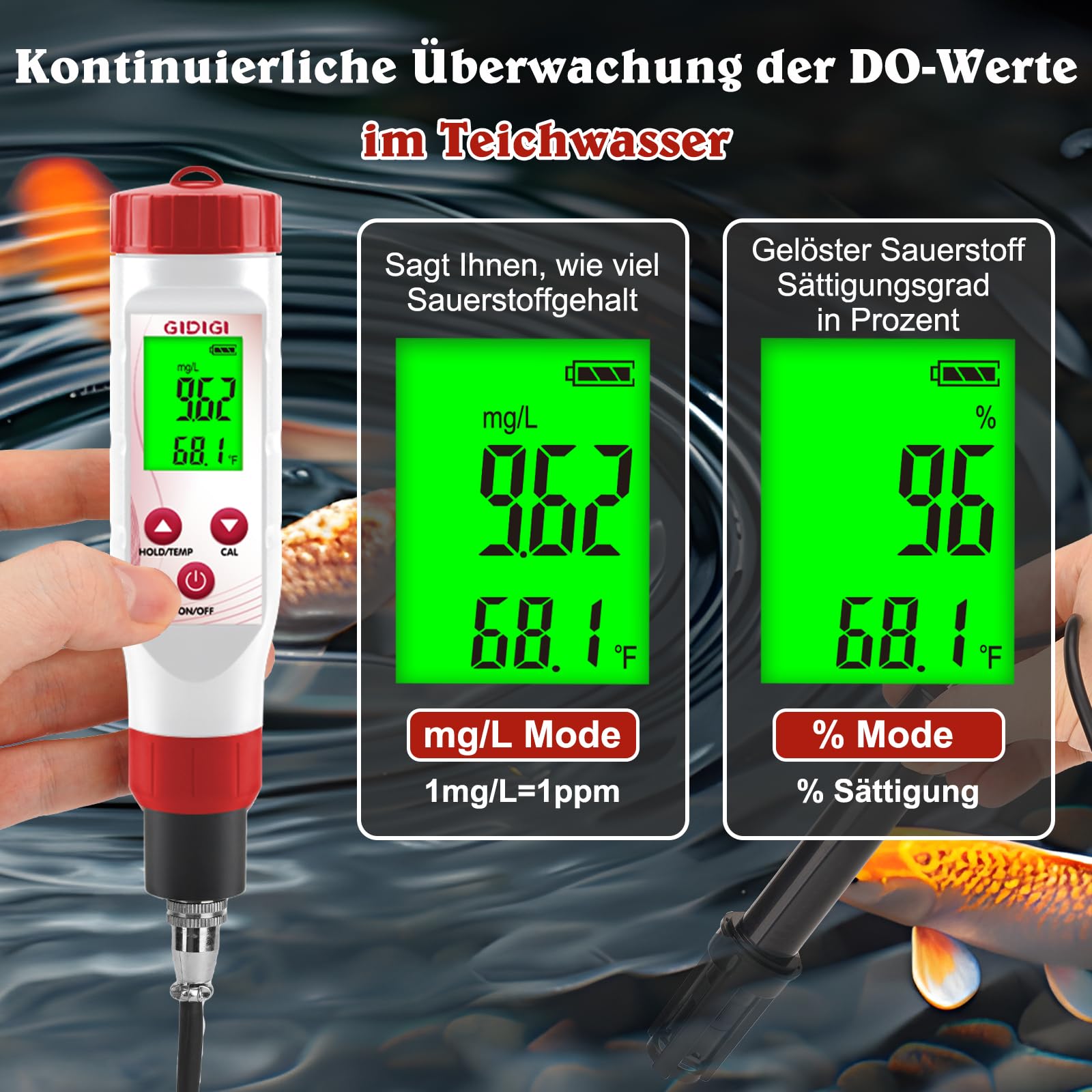 Sauerstoffmessgerät DO-Messgerät mit austauschbarer Membrankappe 0,0–40,0 mg/l für Teich Aquarium Abwasser