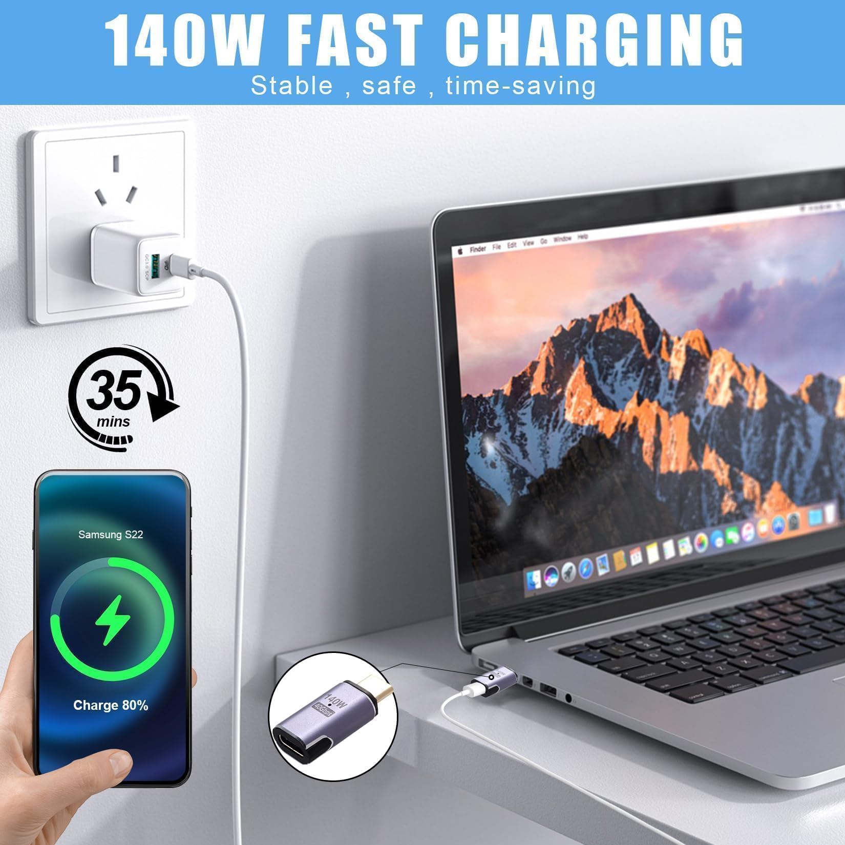 USB C Magnetyczny Adapter - 140 W Złącze Magnetyczne USB-C 40 Gb/s Transfer Danych Do Przełącznika Laptopa Tabletu Telefonu