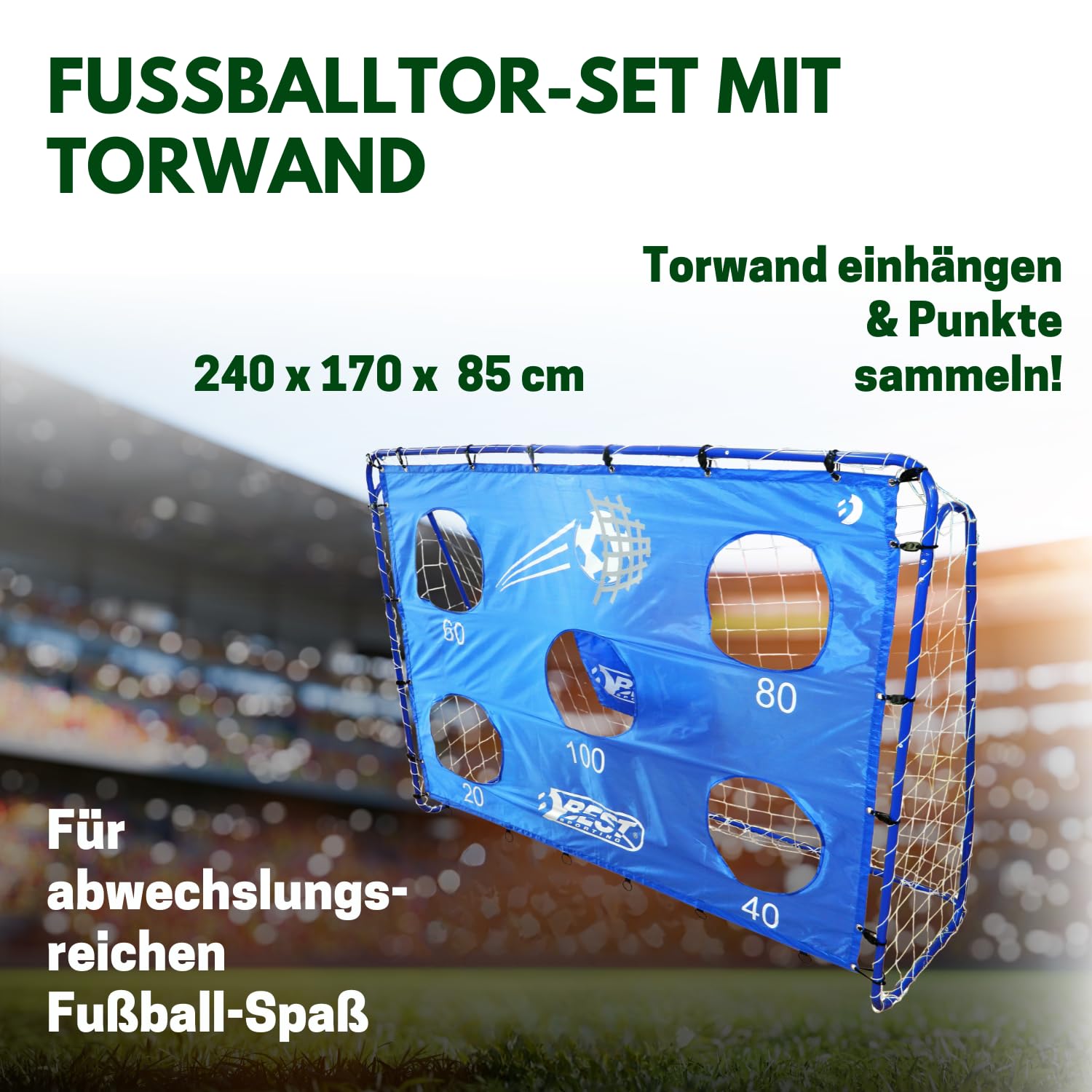 Best Sporting Fußballtor I Fußballtor Kinder 240 cm x 170 cm x 85 cm I sehr stabil Fußballtor mit Blauer Torwand I Hochwertiges Kindertor mit Netz, Torwand & Heringen I Fussball Tor Grau