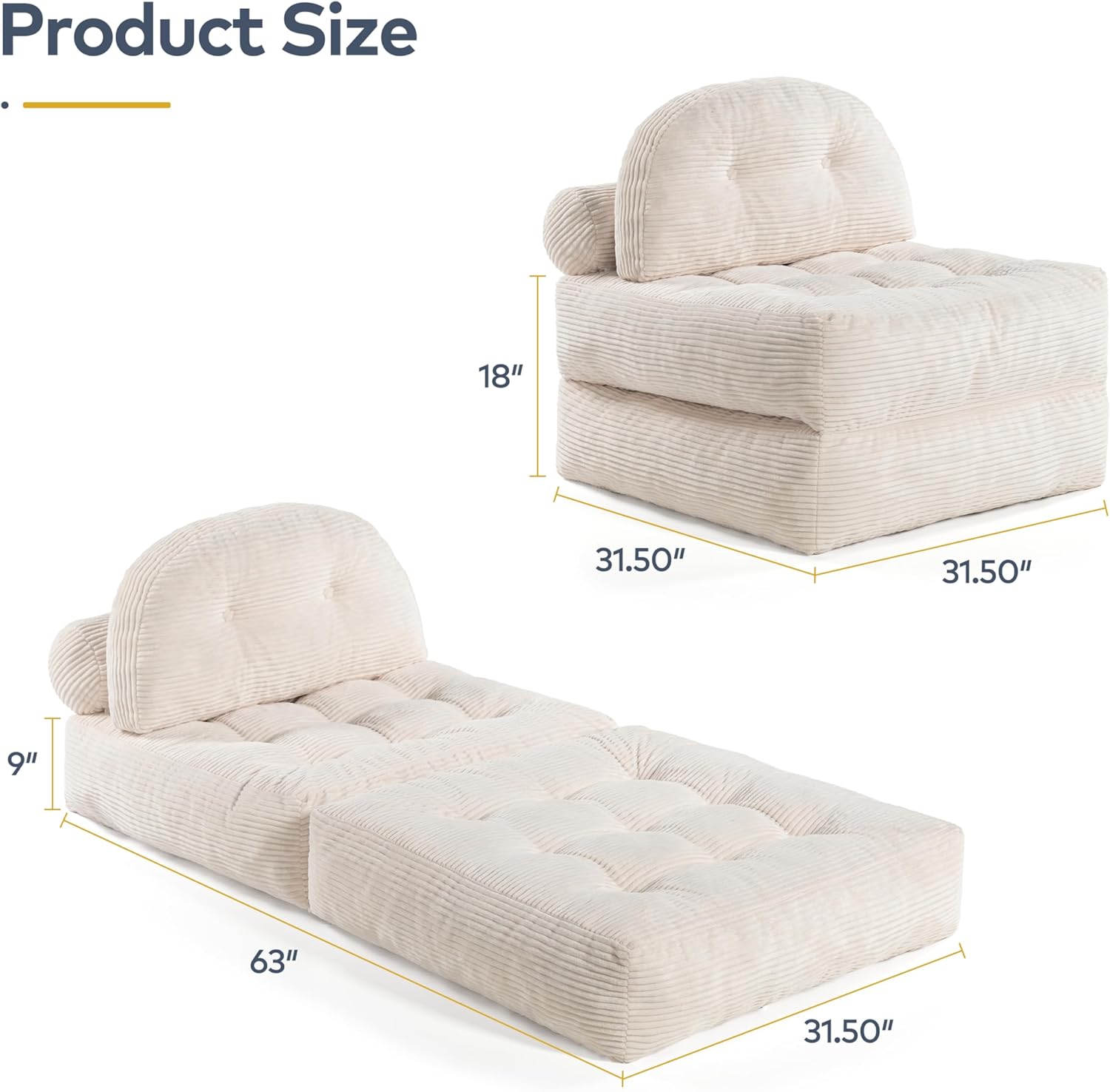 Convertible Corduroy Floor Sofa, 3-in-1 Folding Lazy Sofa Bed with Adjustable Backrest, Soft Bean Bag Chair Lounger for Living Room, Bedroom, Guest Room, Oversized Sleeper Chair