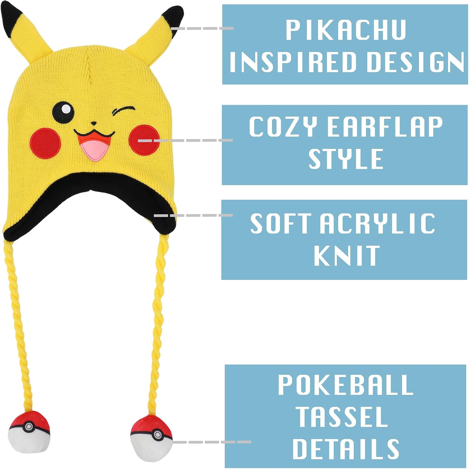 Bioworld Pokemon Pikachu Laplander Hat with Fleece Pokeball Tassels Yellow