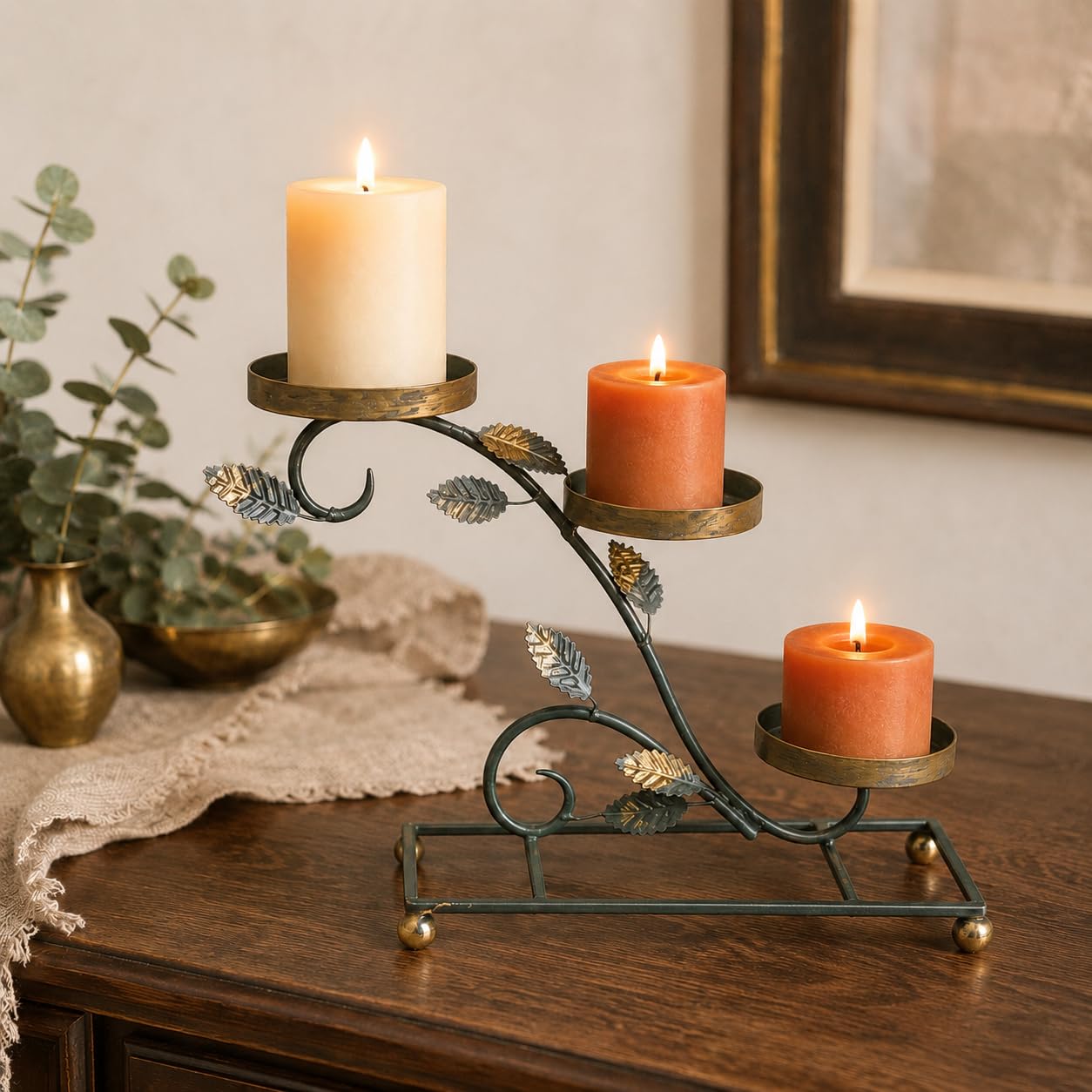 3-Tier Metal Botanical Candle Holder | Decorative Pillar Candle Stand with Leaf Design | Gift for Home Decor, Living Room, Festive Decoration & Bedroom (Charcoal Green & Gold)-image-44