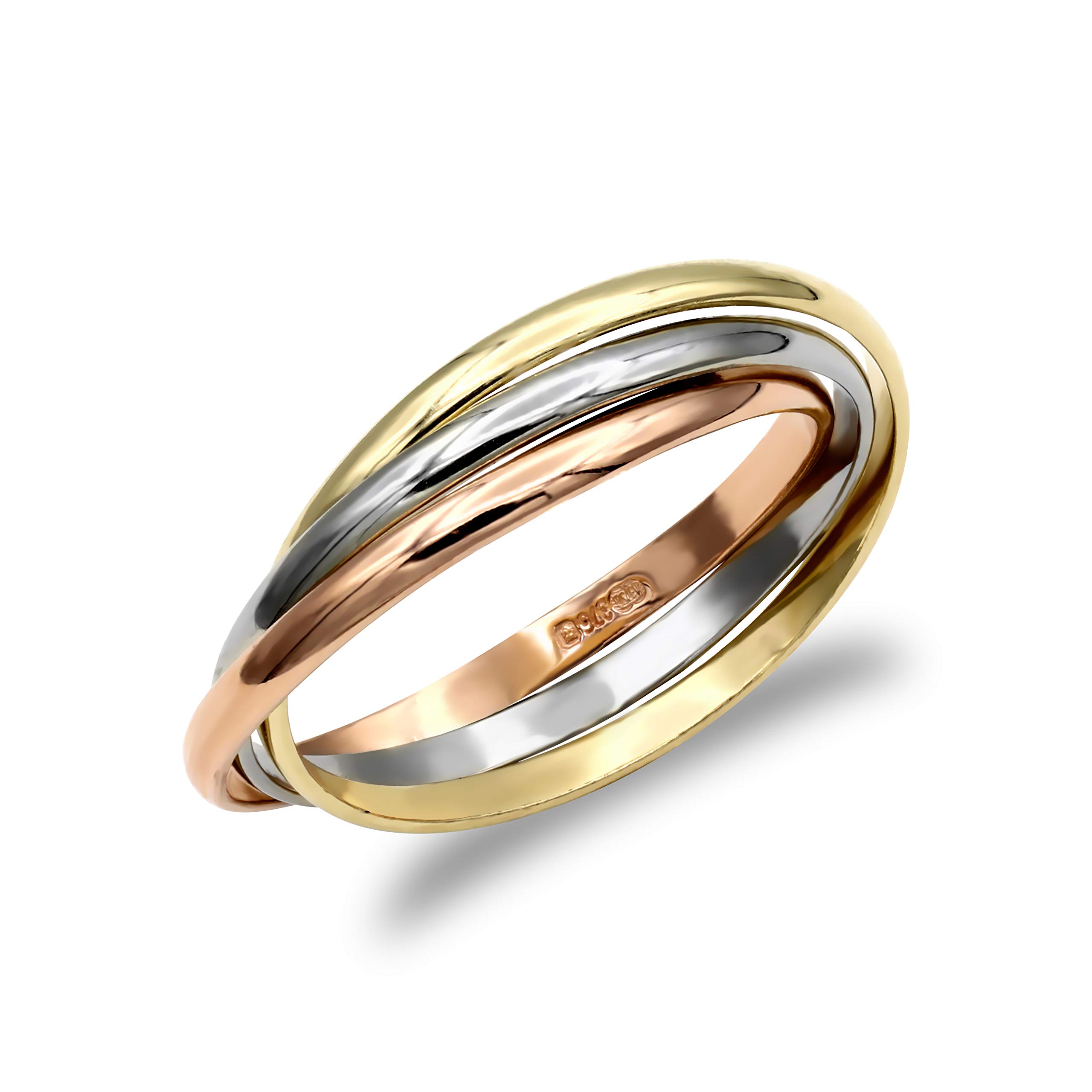 Jewelco London Ladies Solid 9ct Yellow White and Rose Gold Interlocked 2mm Russian Wedding Ring, Size