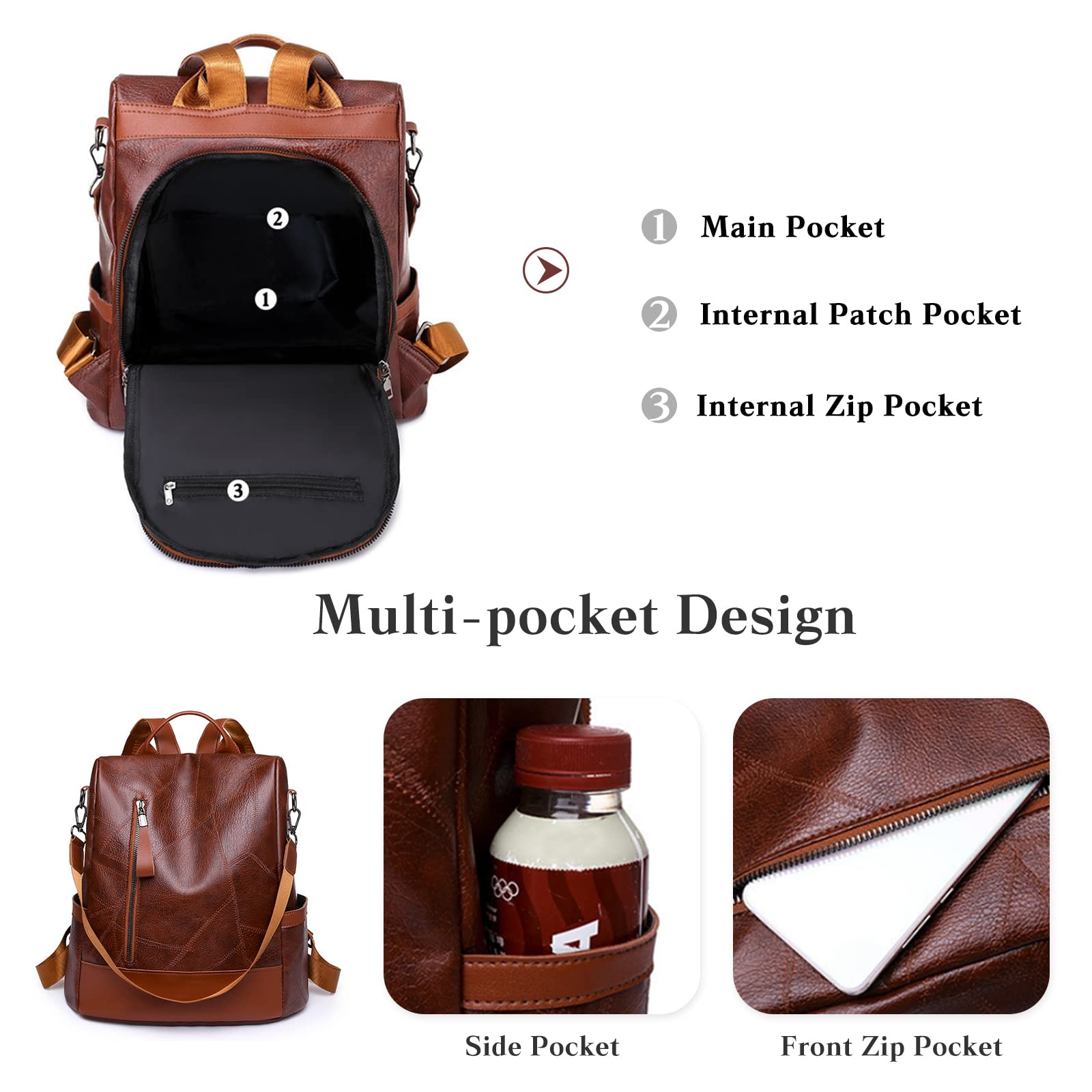 Antivol Sac à Dos Femme Sacs à Bandoulière Fille Sac D'école Étanche PU Cuir Backpack pour L'école Travail Loisirs Marron