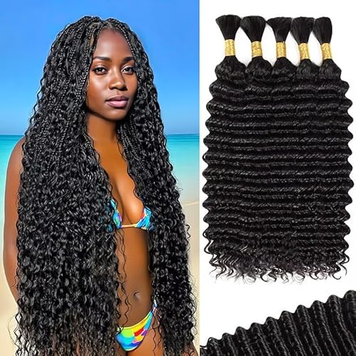 Human Braiding Hair for Boho Braids 5 Bundles 20 Inch 160g 12A Deep Wave Braiding Hair for Bohemian Knotless Braids 100% Unprocessed Brazilian Virgin Bulk Hair Extensions No Weft Natural Color