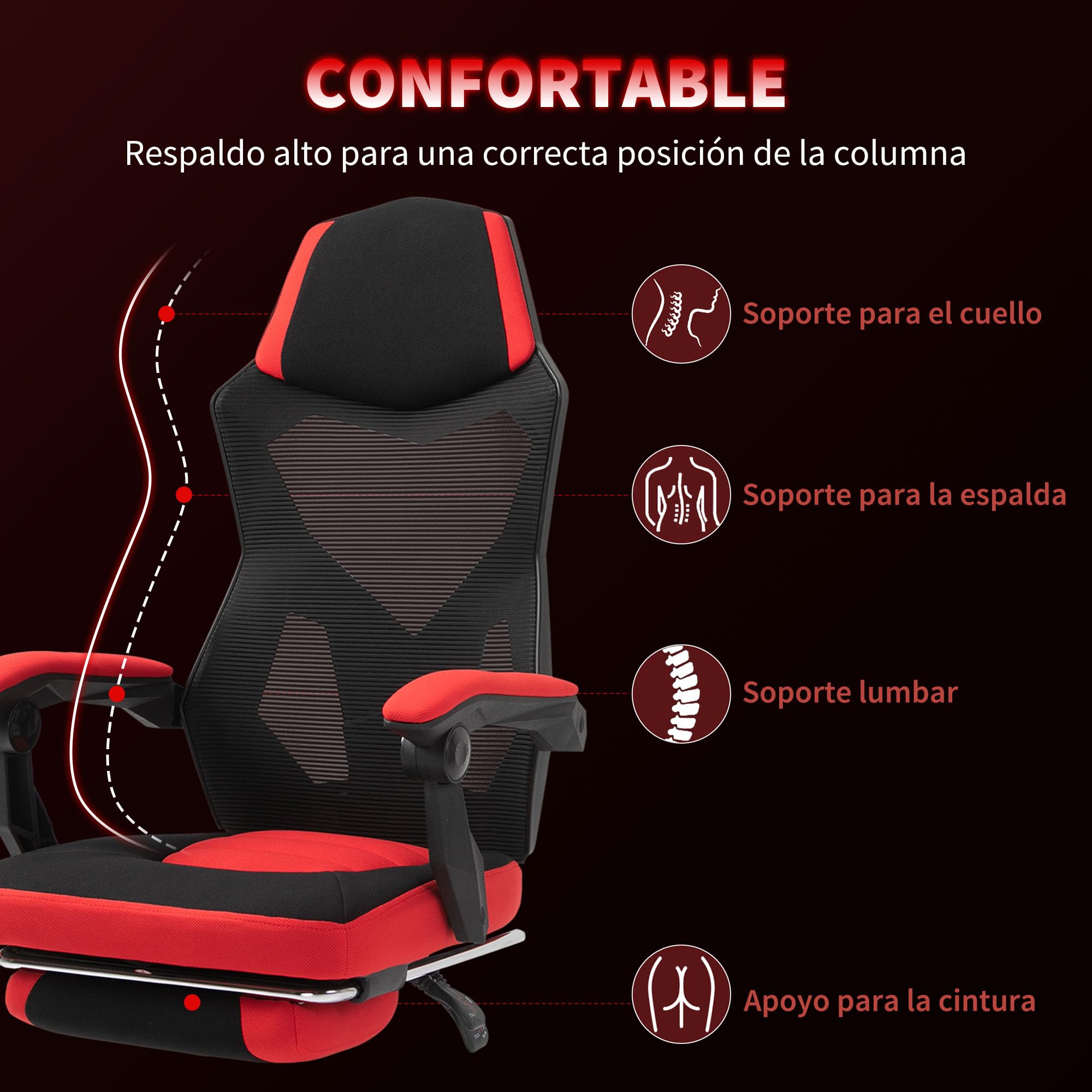 Vinsetto Silla Gaming Giratoria de Malla con Reposapiés Retráctil Rojo