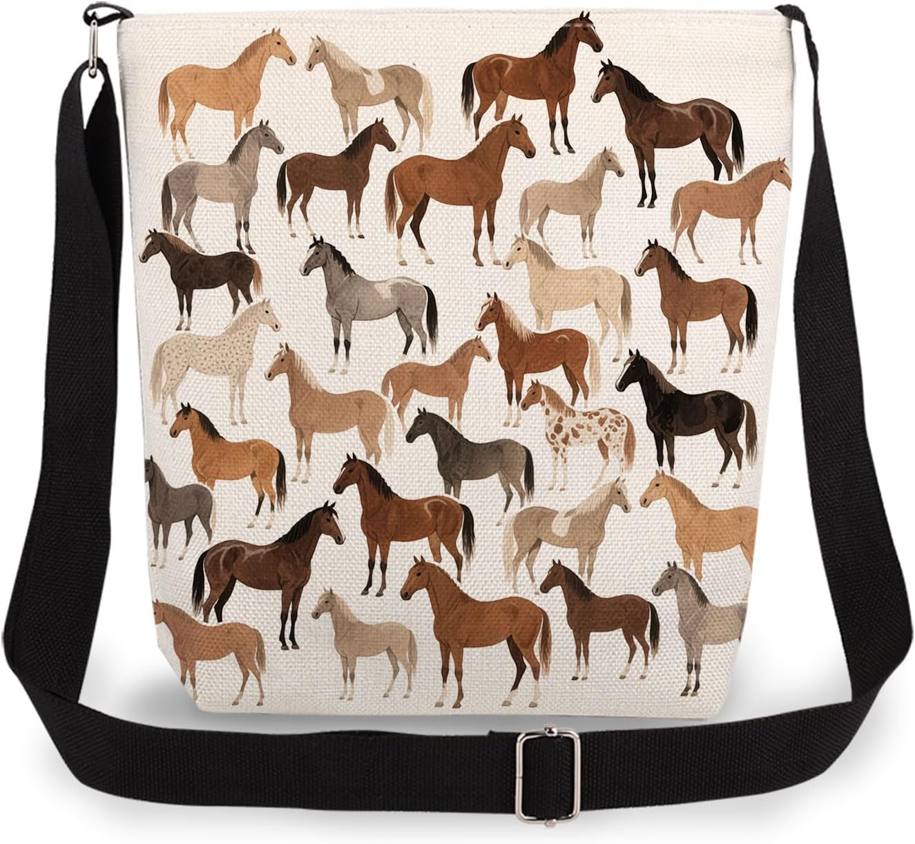 Horses Print Canvas Crossbody Bag, Adjustable Strap Lightweight Purse with Top Zipper & Inner Pocket, Daily Shoulder Bag Gift for Women
