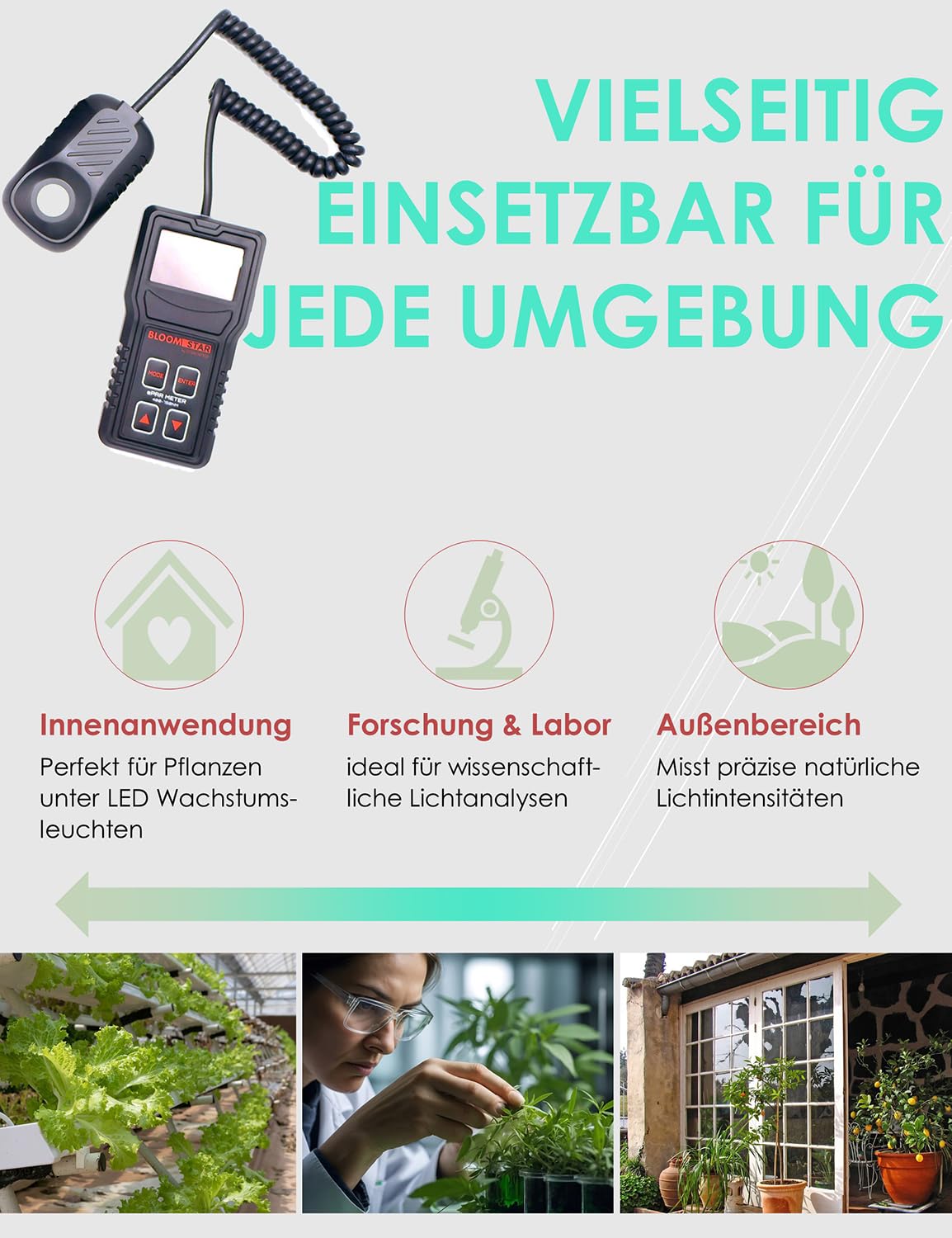 by Crescience ePAR-Meter Quantum-Sensor für Belichtungsmessung, 400-750nm, Präzise Messung der photosynthetisch aktiven Strahlung (PAR) für Pflanzenwachstum, Lichtoptimierung, Grow-Setup
