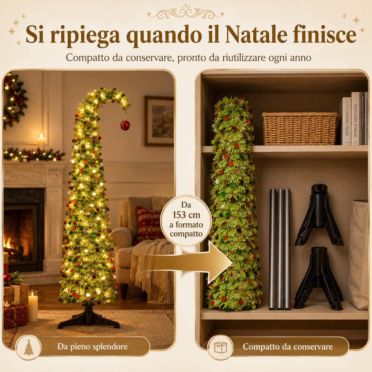 Albero di Natale Pop Up 153 cm con Luci e Paillettes, Salvaspazio