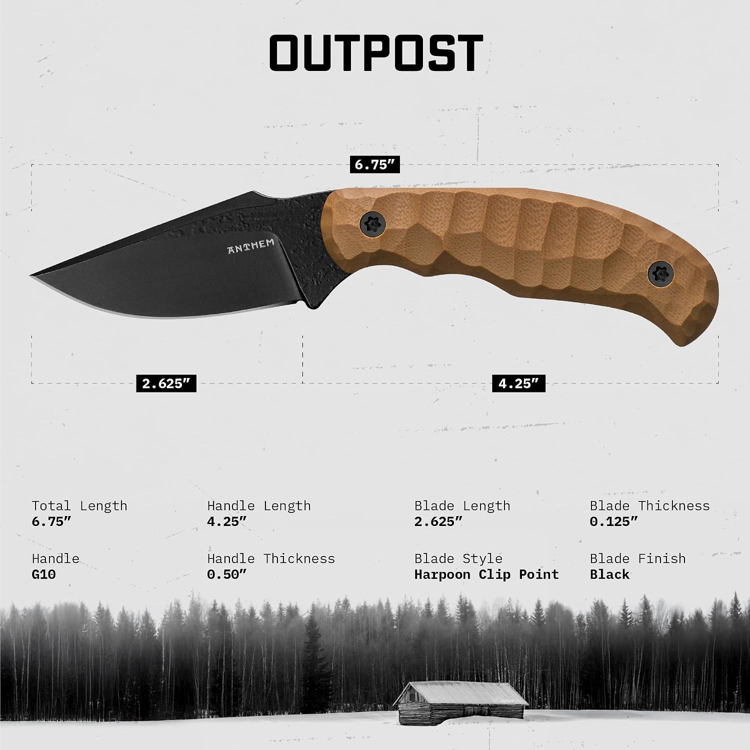 Anthem Knives The Outpost: Fixed Blade Knife, 52100 Steel Harpoon Clip Point, EDC Hunting Knife with Kydex Sheath for Camping, Outdoor, Everyday Carry – Made in USA [Tan/Black]
