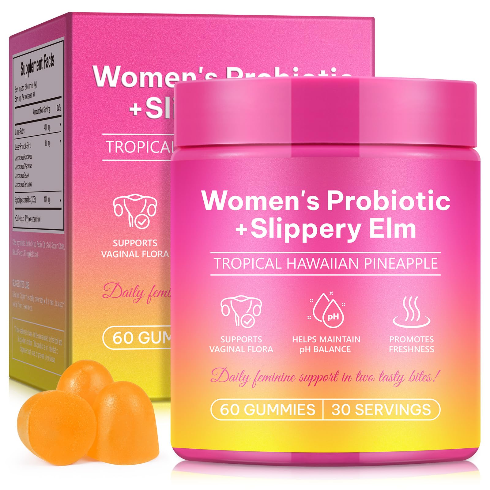 Probiotiques Gummies pour Femmes, Soutien de la Santé Intime et Digestive Grâce aux Prébiotiques, équilibre du pH, Système Immunitaire et Intestinal | Végan, Sans Gluten, Arôme Ananas, 60 Gummies