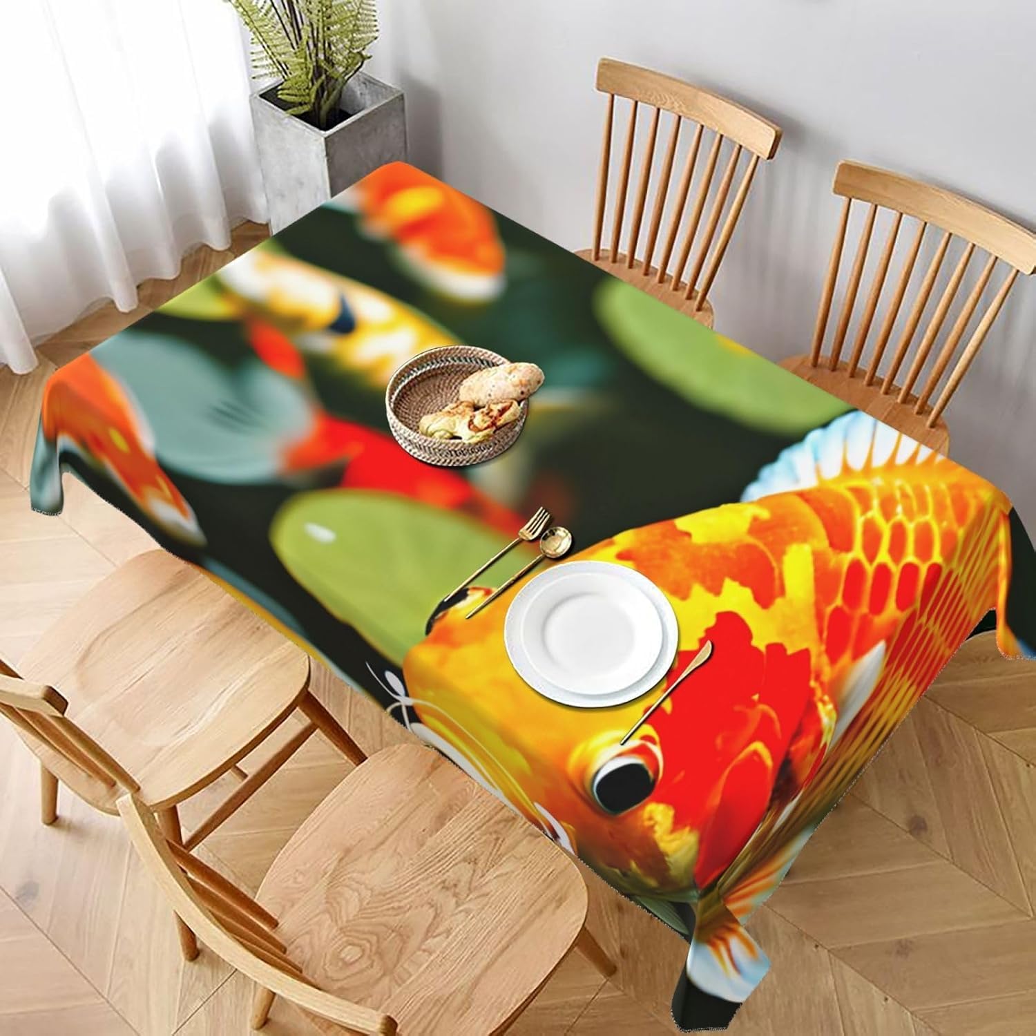Tovaglia Antimacchia 300x140 cm Rettangolare Cinese Tovaglie Impermeabile 3 Metri Copritavolo Poliestere Protezione Tavolo Carpa Foglia di Loto, per Feste (12-14 Posti) a-278