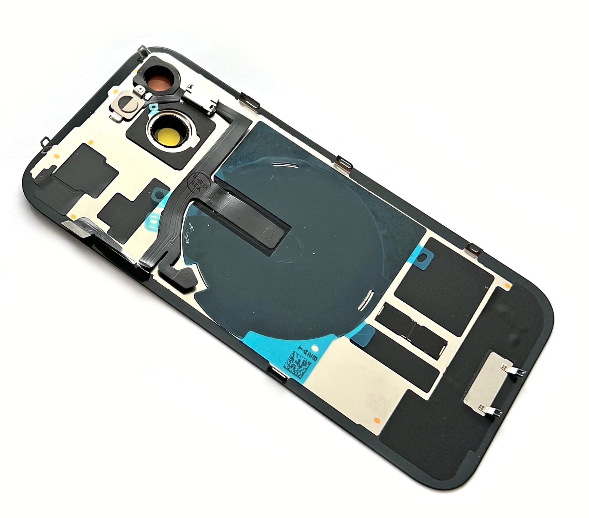 SVV Coque arrière pour iPhone 15 Series. Prémontée : avec câble flexible QI/NFC, aimant, support métallique, anneaux de caméra, etc. Verre arrière de remplacement. OEM (Noir)