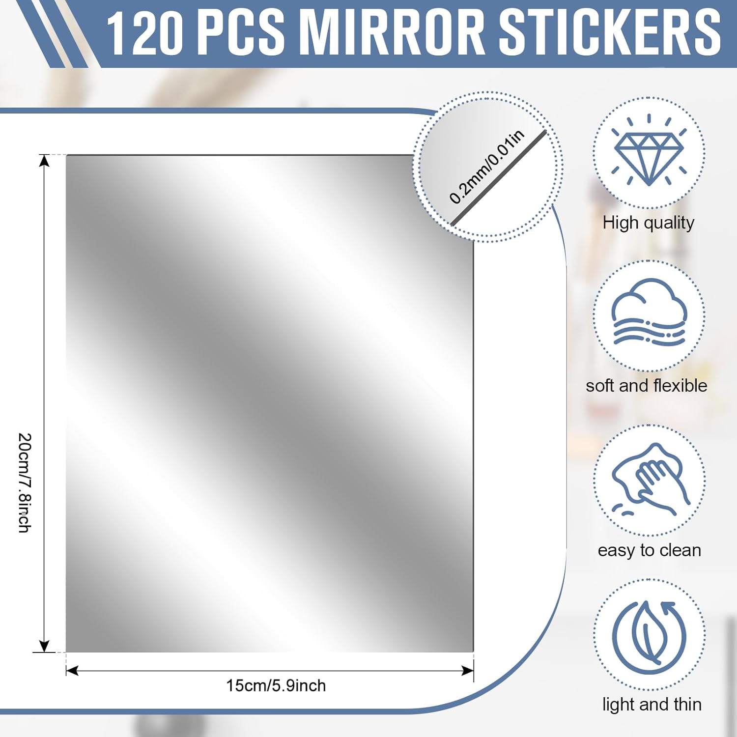 Suzile 120 Pcs Flexible Mirror Sheets Self Adhesive 8'' x 6'' PET Plastic Mirror Stickers for Walls Non Glass Protective Film Reflector Sheets for DIY Home Wall Decor