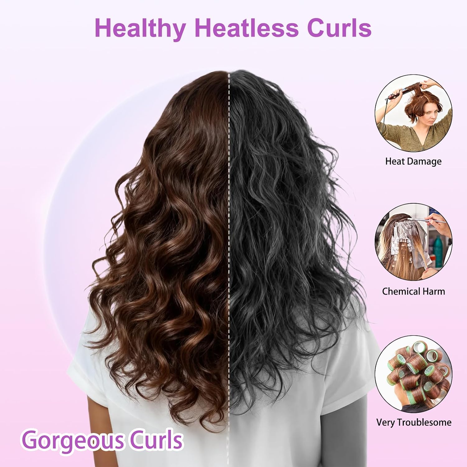 70" Heatless Curls Overnight Hair Curlers to Sleep In for Long Hair, Overnight Curls Heatless Hair Curler No Heat Curlers, Soft Satin Heatless Curling Set with Bonnet for Women - 8 PCS, Pink