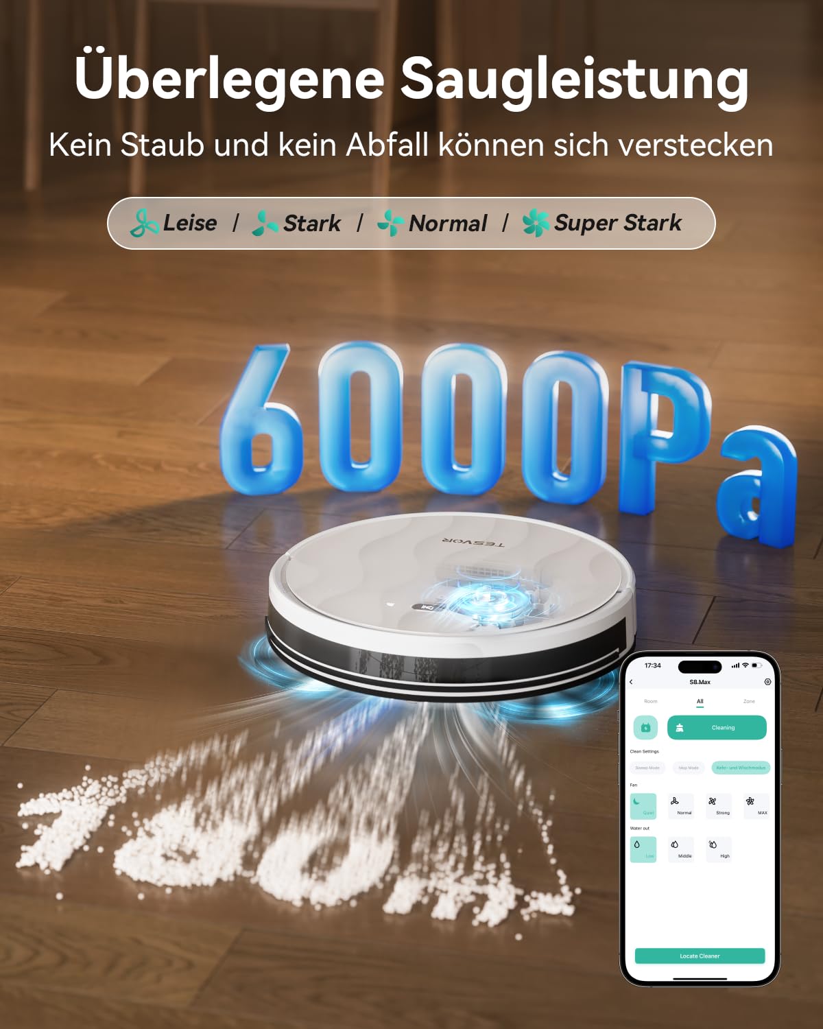 Tesvor Saugroboter mit Wischfunktion - M2 Staubsauger Roboter,6000Pa Starke Saugkraft Roboterstaubsauger,Selbstaufladend,WLAN, 5100 mAh +180 Min.Laufzeit Ideal für Tierhaare,Teppich,Hartboden.