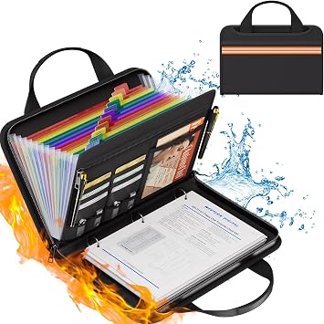 Fireproof Accordion File Binder Organizer,1" D Rings for 225 Sheets | 13-Pocket Colorful Expanding Folder with Zipper Labels,Portable Travel Safe Storage for Letter Size,14.5"11.2"2.7",Black