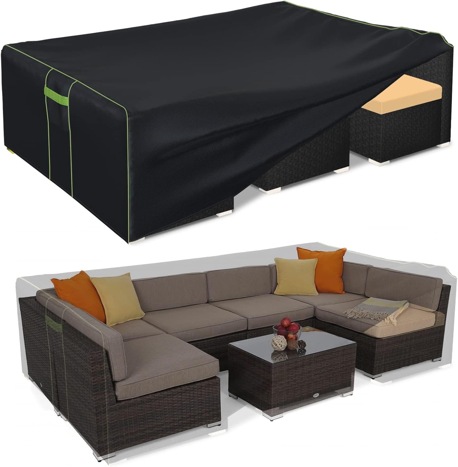 Patio Furniture Covers Waterproof, Heavy Duty 600D Outdoor Furniture Covers for Outdoor Dining Table and Chair,Tear Resistance and Anti-UV, 74"L x 47"W x 28"H, Black with Green Piping