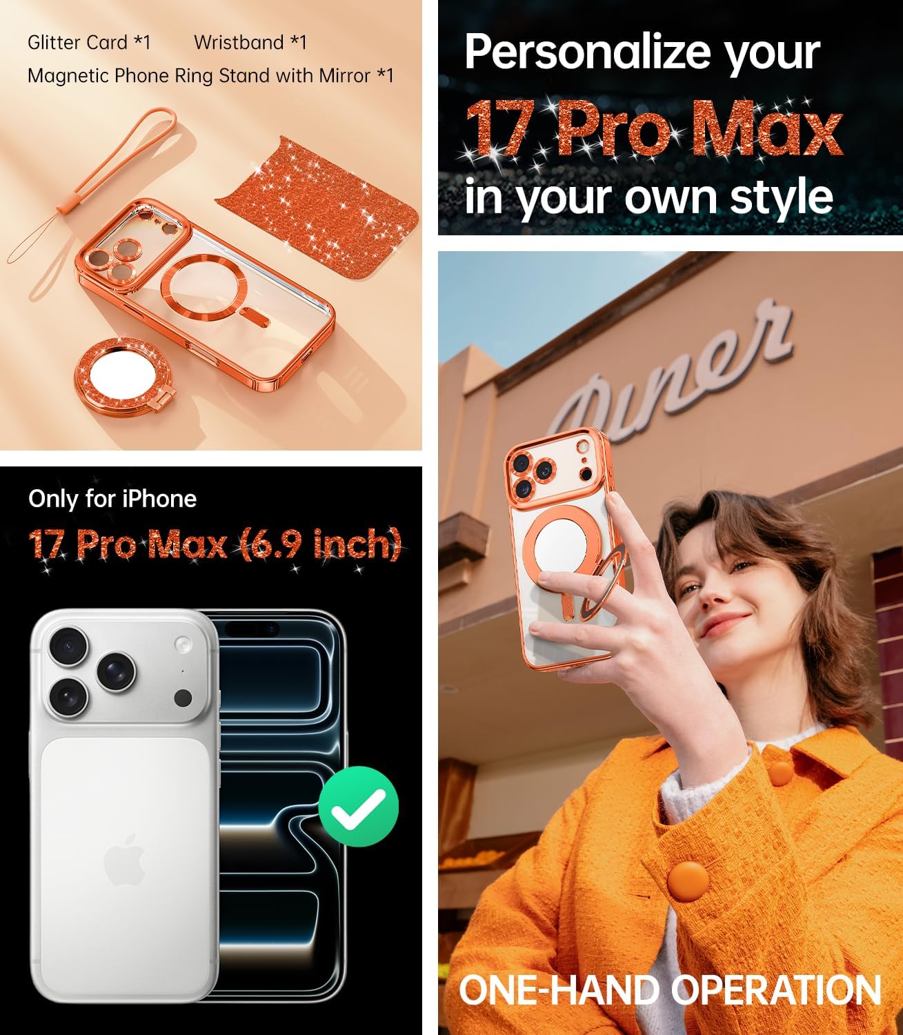 Meifigno Designed for iPhone 17 Pro Max Magnetic Case with Removable Phone Ring Stand, Glitter Card & Wrist Strap, Compatible with MagSafe, Built in Mirror, Phone Ring Holder + Case Kit, Orange