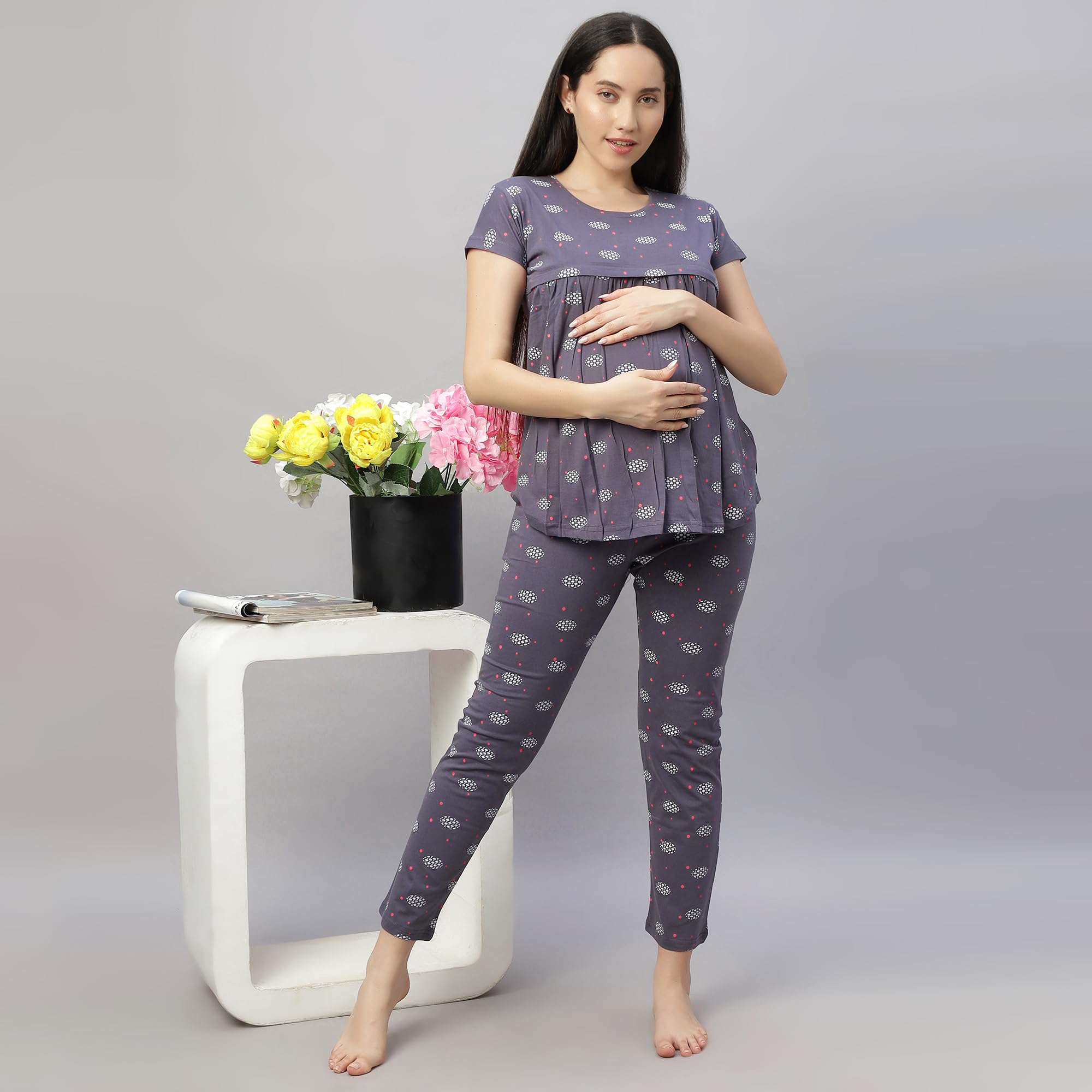 DZZO New Women's Cotton Printed Maternity Night Suit | Comfortable Feeding Night Dress | Soft & Breathable Nursing Pajama Set | Color - Grey, Size - M - Image 5 thumbnail