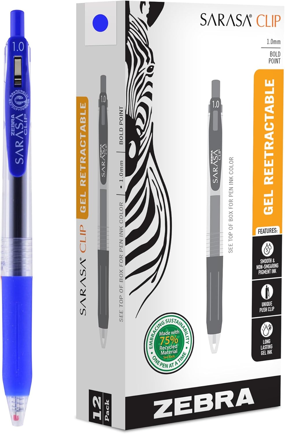 Zebra Pen SARASA Clip Recycled Retractable Gel Pen, Bold Point, 1.0mm, Blue Ink, 75% Recycled, Ideal for Office and School, Journal, Note Taking and Planner Use, 12-Pack (48820)