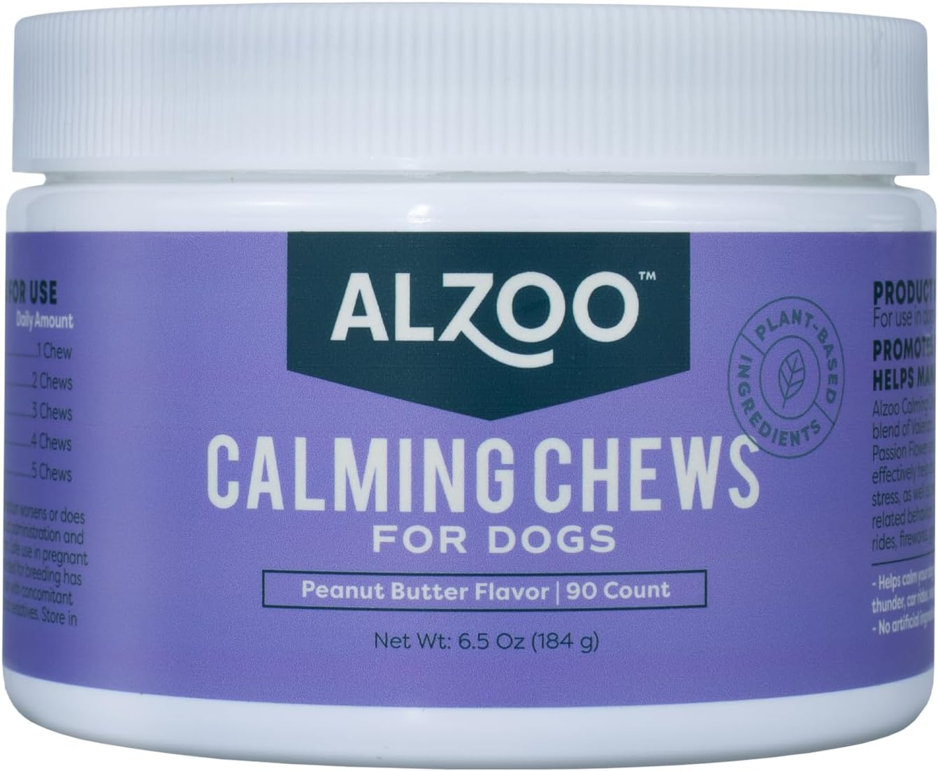 ALZOO Calming Chews for Dogs Anxiety, Peanut Butter Flavor - Plant Based Dog Calming Treats, Stress Relief for Storms, Fireworks, Grooming, Separation Anxiety, Made w/Valerian & Chamomile, 90 ct