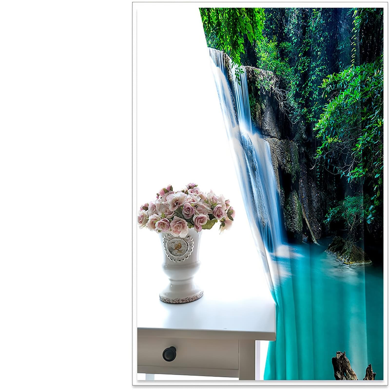 Fenstervorhänge Modern, 214x214cm Grün Weiß Natürliche Wasserfalllandschaft Vorhang für Schlafzimmer
