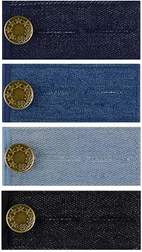 4 Pieces Denim Waist Extenders Button for Pants Jeans Trousers Skirt Adjustable Waistband Extender with Metal Button for Women Men Black Blue Dark Blue Light Blue Button Extender Set Assorted Colors