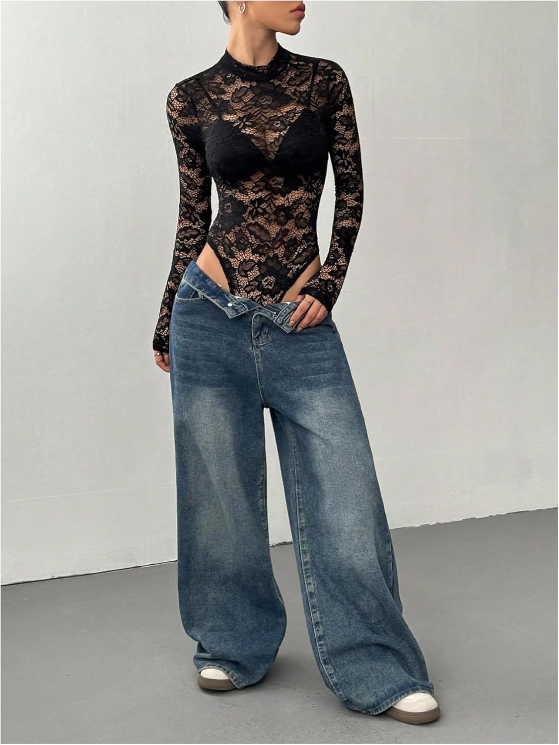 Women's Floral Long Sleeve Lace Bodysuit Mock Neck Mesh Sexy Tops See Through Sheer Bodysuit - Image 5