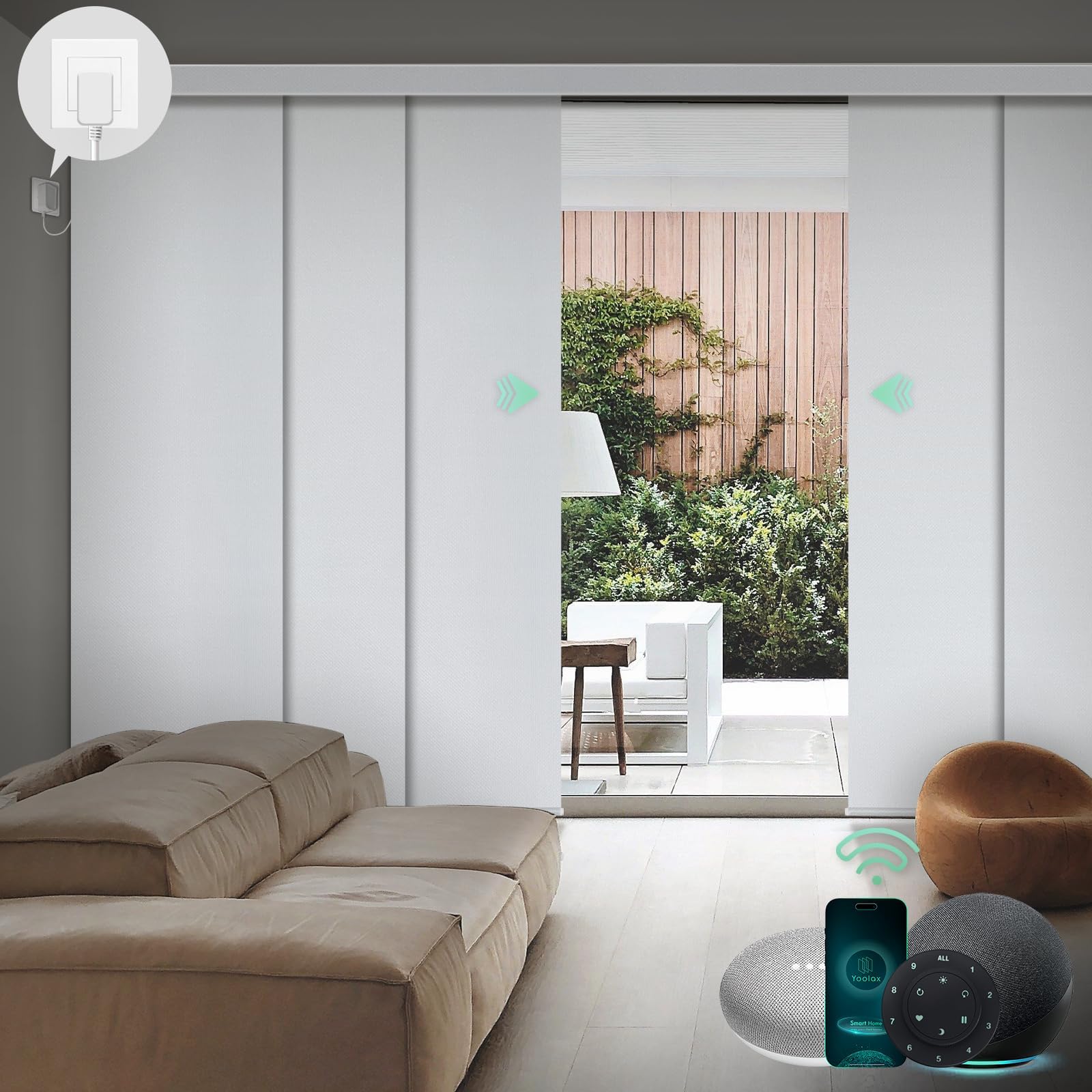 - Yoolax Custom XL Smart Vertical Blinds, Motorized Sliding Door Blinds Compatible with Alexa, Blackout Sliding Panel for Room Divider, Indoor Windows, Patio Doors, Fabric-White