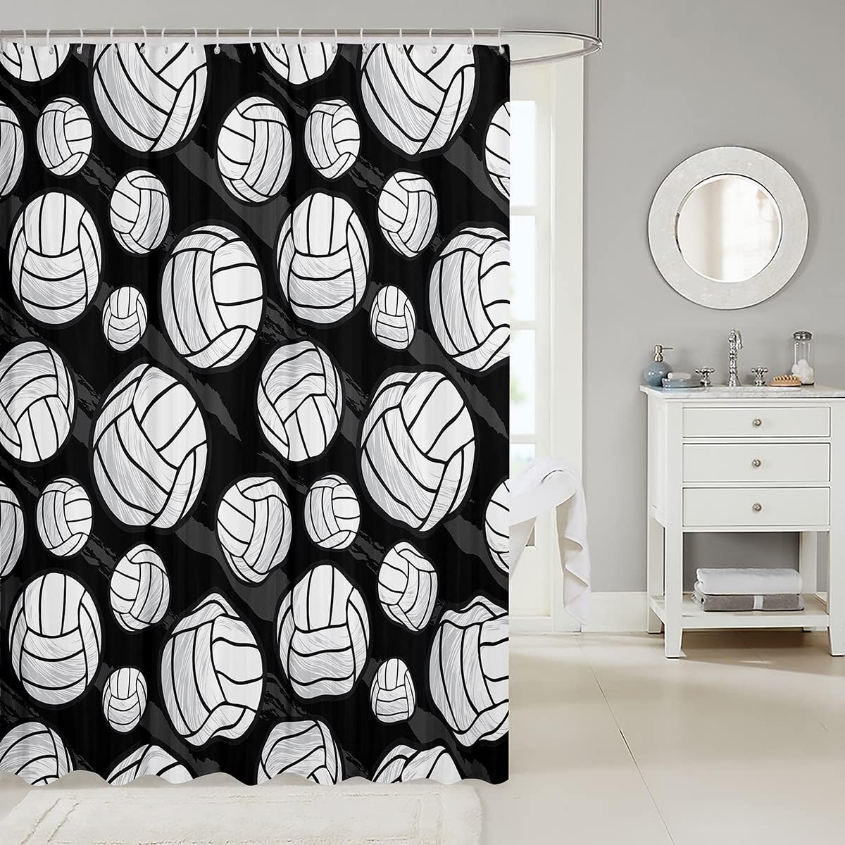 Homewish Volleyball Kids Shower Curtains,Ball Sports Lovers Bathroom Curtains,Girls Boys Adults Gamer Decor,Cool Graffiti Black Stripes Fashion Modern Waterproof Curtains,12 Hooks Suits,72" W x 72" L image 2