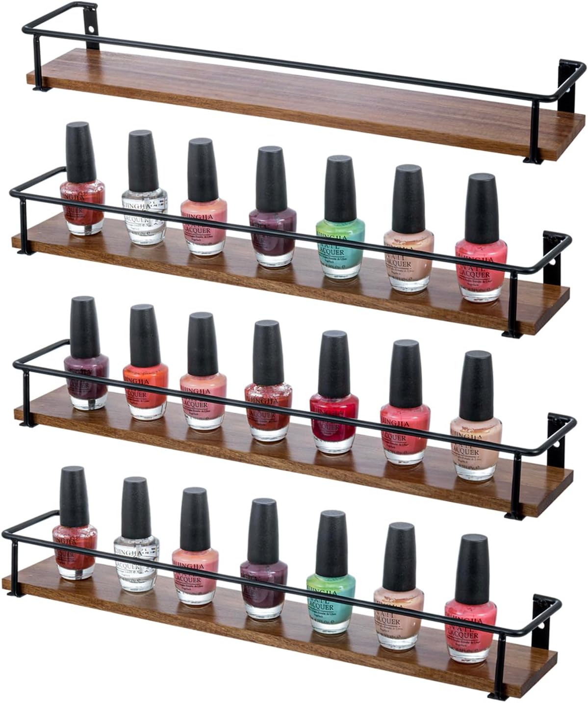 MyGift Nail Polish Rack Set of 4, Wall Mounted Spice Rack, 16 Inch Burnt Wood Essential Oil Display Shelves with Black Metal Frames, Hanging Kitchen Spice Jar Holder Racks