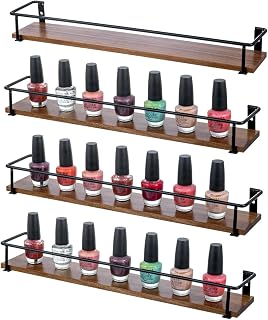 MyGift 16 Inch Wall Mounted Rustic Burnt Wood Nail Polish and Essential Oil Display Shelves with Black Metal Frames, Hanging Kitchen Spice Jar Holder Racks, Set of 4