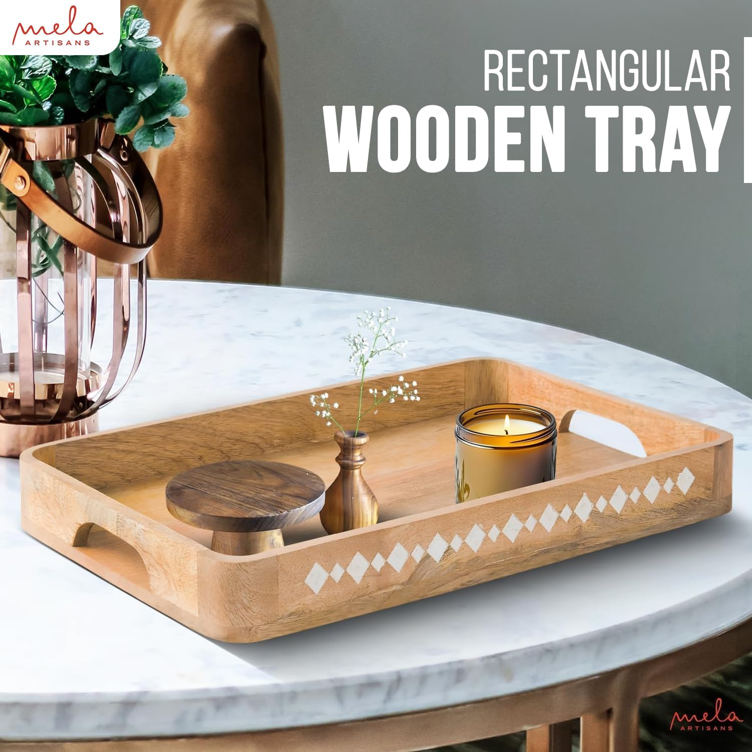 Mela Artisans Wooden Serving Tray with Handles | 15x10x1.75 inch | Mango Wood Decorative Tray | Ottoman Tray | Snacks | Desserts | Breads | Coffee Table | Bedroom | Rounded Edge Design
