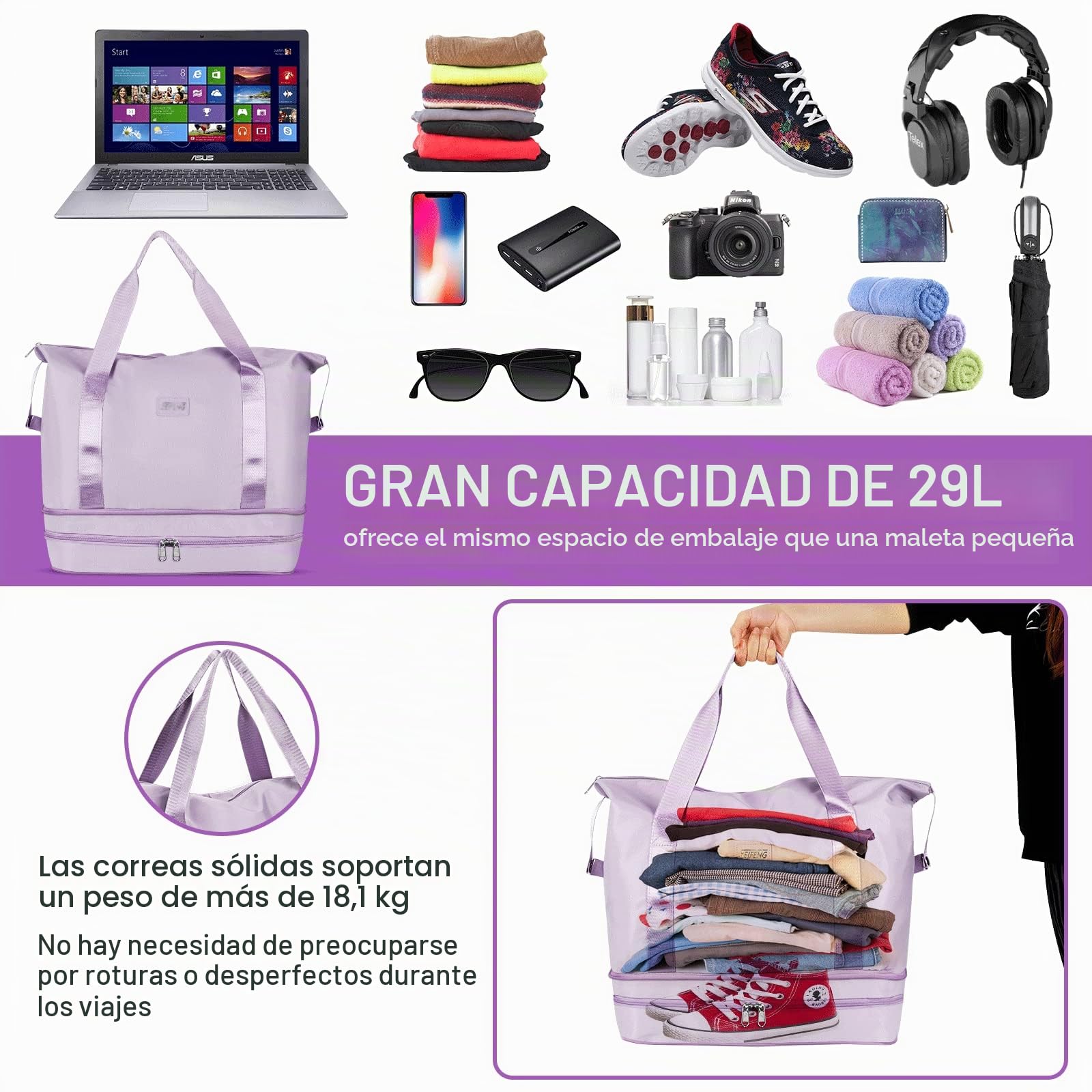 Bolsa de Viaje, CS COSDDI Plegable Bolsas Gimnasio de Viaje, Impermeable Bolsa de Viaje Mujer Fin de Semana, Grande Bolsa de Lona con Bolsillo húmedo y para el Hombro