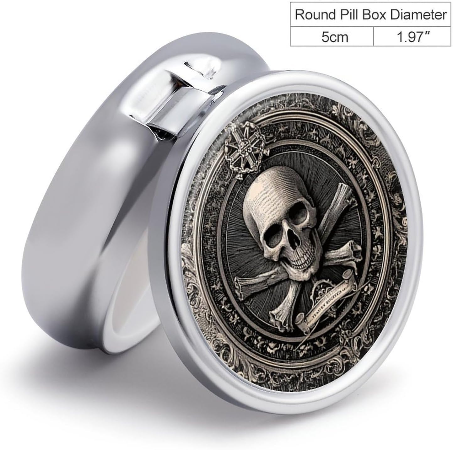 Pill Box-3 Compartment Small Pill Case, Portable Round Pill Box for Pocket or Purse, Decorative Metal Medicine Vitamin Organizer. (Skull)