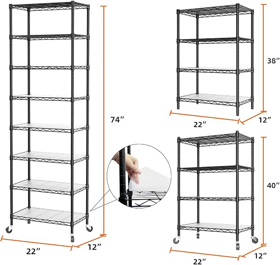 SINGAYE 8 Tier Shelf Organizer Storage Metal Shelves Garage Wire Shelving Unit Pantry Rack Adjustable Standing Storage for Kitchen Closet Laundry Bathroom Pantry 12 D x 22 W x 74 H Black