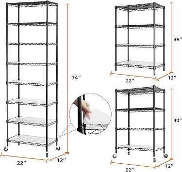 SINGAYE 8 Tier Shelf Organizer Storage Metal Shelves Garage Wire Shelving Unit Pantry Rack Adjustable Standing Storage for Kitchen Closet Laundry Bathroom Pantry 12 D x 22 W x 74 H Black