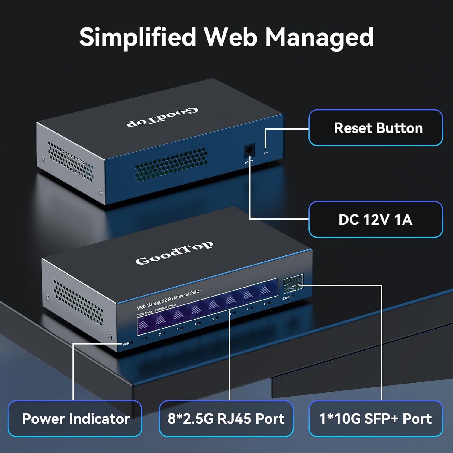 8 Port 2.5G Managed Ethernet Switch with 10G SFP, 8 x 2.5G Base-T Ports, Support LACP/VLAN/QOS/DHCP Client, Metal Web Managed Fanless Network Switch