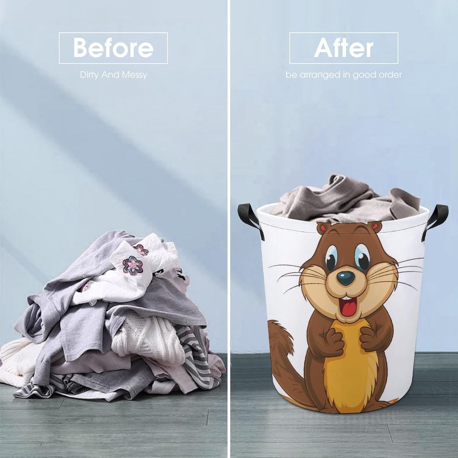 Laundry Basket Waterproof Laundry Hamper with Handles Foldable Dirty Clothes Hamper Cartoon Animated Beaver Freestanding Laundry Bag Organizer Tall Storage Basket for Bedroom Bathroom Decor