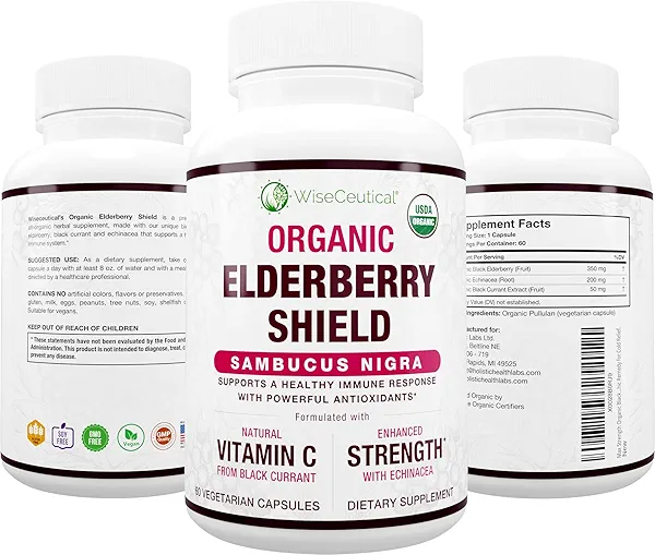 Max Strength USDA Organic Black Elderberry, Black Currant Extract & Echinacea | 3 in 1 Natural Immune Support & Vitamin C | Sugar-Free, Vegan-Friendly | Homeopathic Remedy | 60 Count