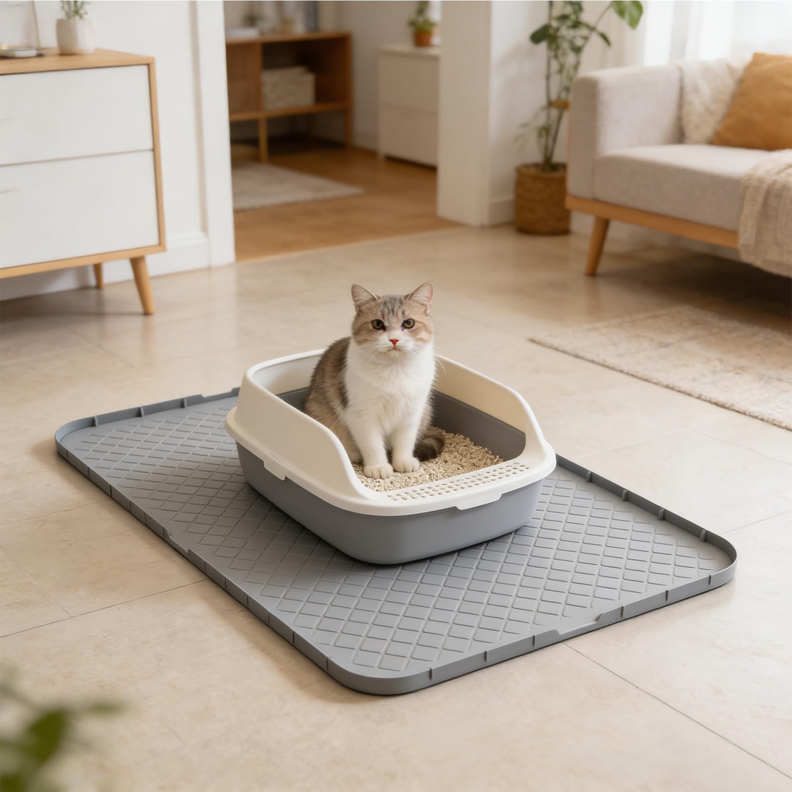 Silikon-Füttermatte, 86,4 x 55,9 cm, extra große Katzenstreu-Matte für Futter- und Wassernäpfe, wasserdicht, grau, leicht zu reinigen, geruchsfrei