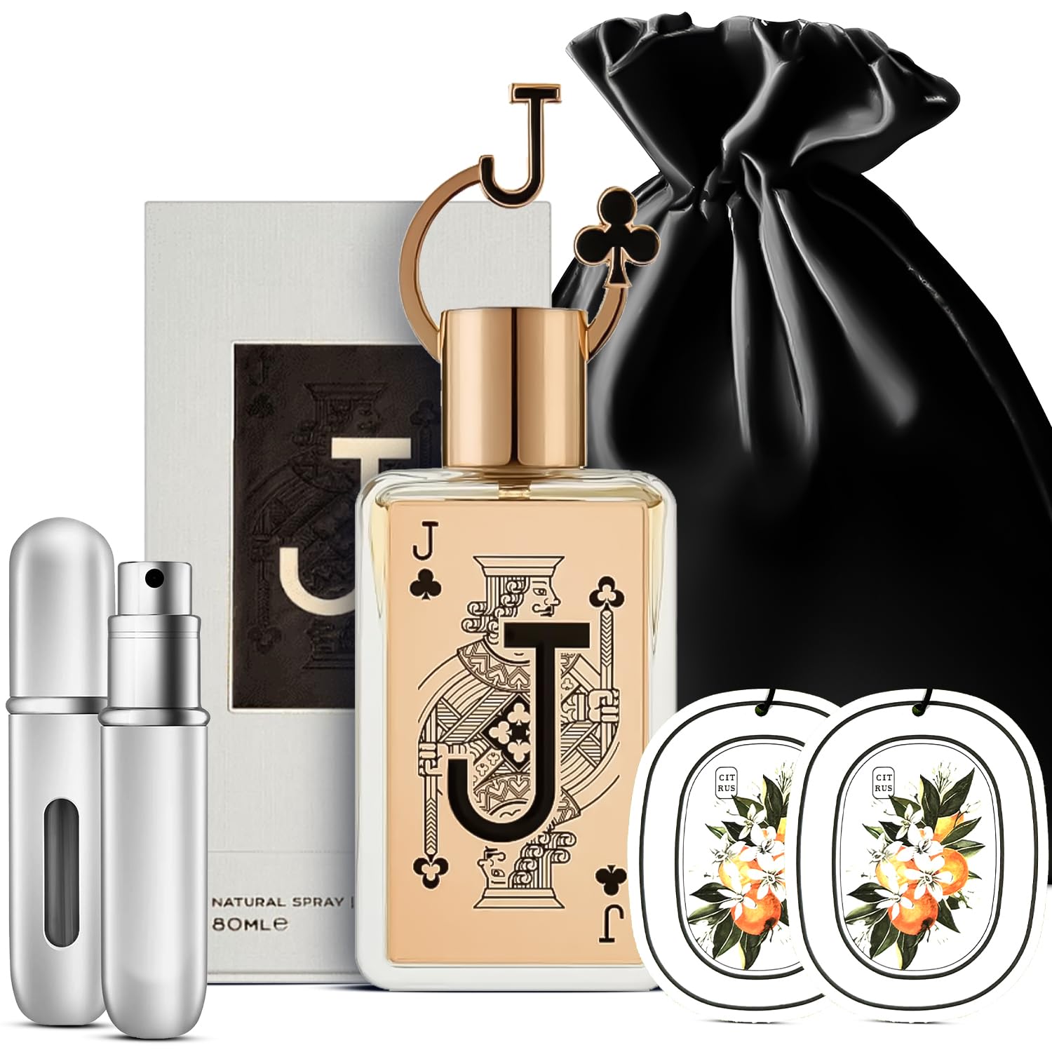 Gift Set Bundle of Jack Perfume - Jack of Clubs Fragrance by Fragrance World 3.4oz EDP 1 Empty Travel Refillable Bottle & 2 Car Freshener Cards in a Satin Gift Bag