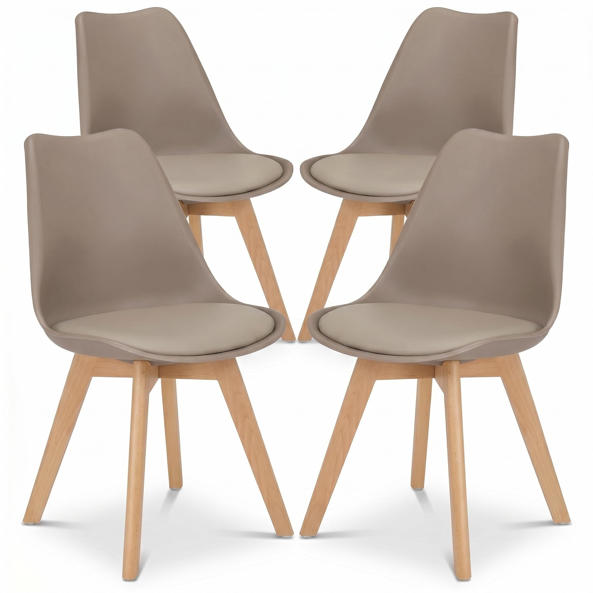 Bravich Set Of 4 Rocco Dining Chairs- Taupe. Faux Leather Upholstered Dining Chair With Natural Wooden Legs, Cushion Pad Seat & Back Support For Kitchen Table- 42 x 42 x 81cm.